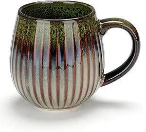 ABCMug Green Reactive Glaze Ribbed Ceramic Coffee Mug with Handle